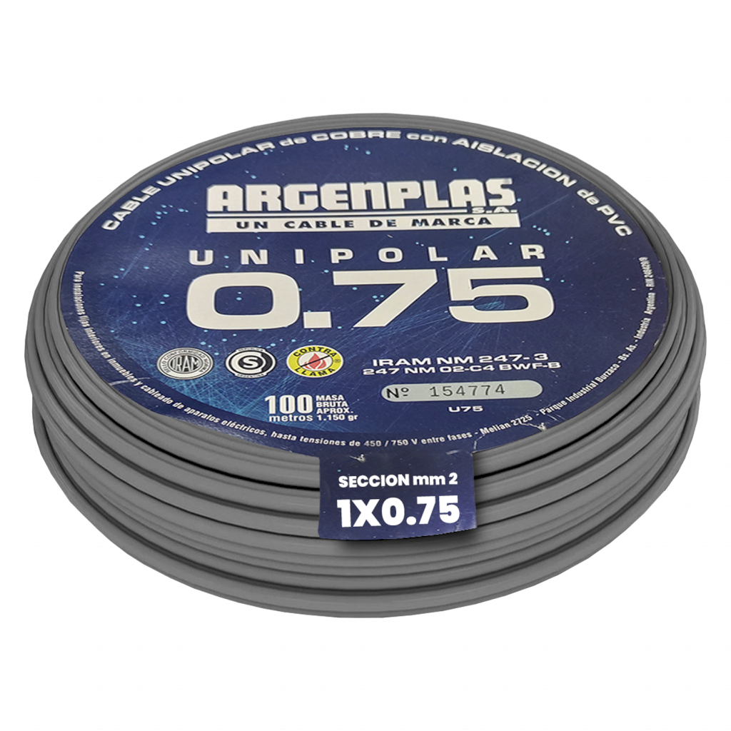 [1001] Cable Unipolar 0,75mm2 PVC Gris (x 100Mts) Argenplas