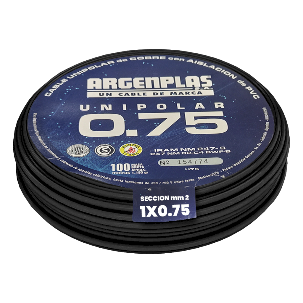 [1004] Cable Unipolar 0,75mm2 PVC Negro (x 100Mts) Argenplas