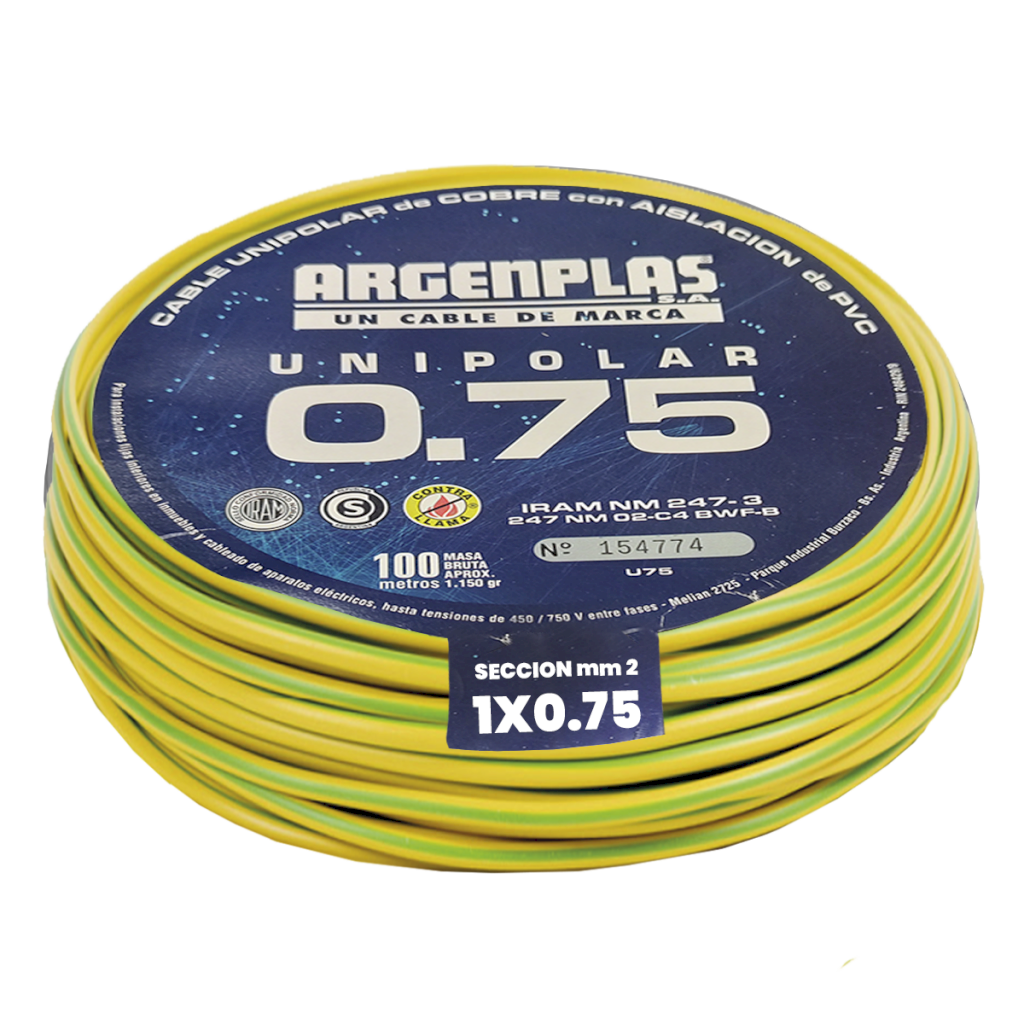 [14732] Cable Unipolar 0,75mm2 PVC Verde/Amarillo (x 100Mts) Argenplas