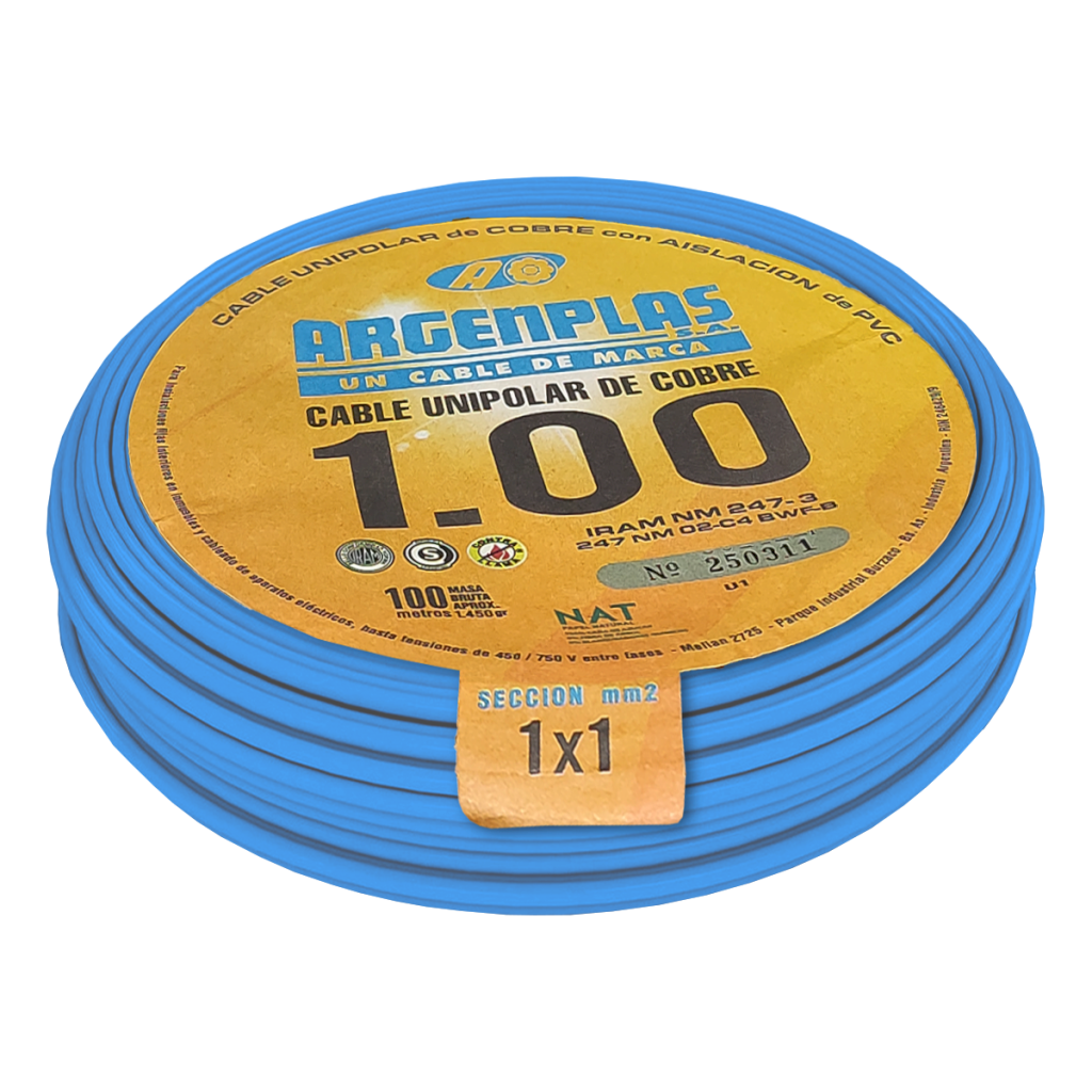 Cable Unipolar 1mm2 PVC Celeste (x 100Mts) Argenplas