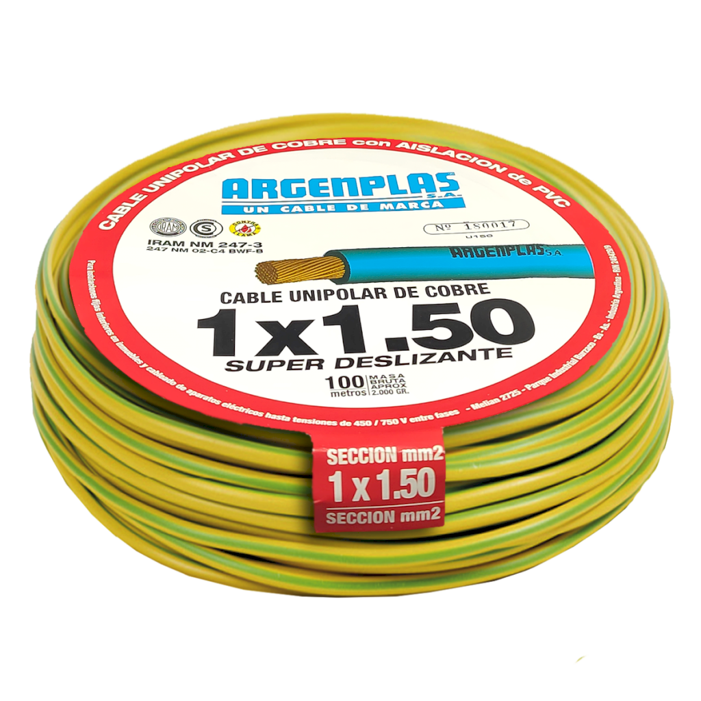 Cable Unipolar 1,50mm2 PVC Verde/Amarillo (x 100Mts) Argenplas