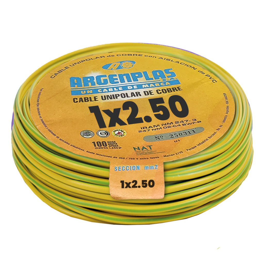 Cable Unipolar 2,50mm2 PVC Verde/Amarillo (x 100Mts) Argenplas