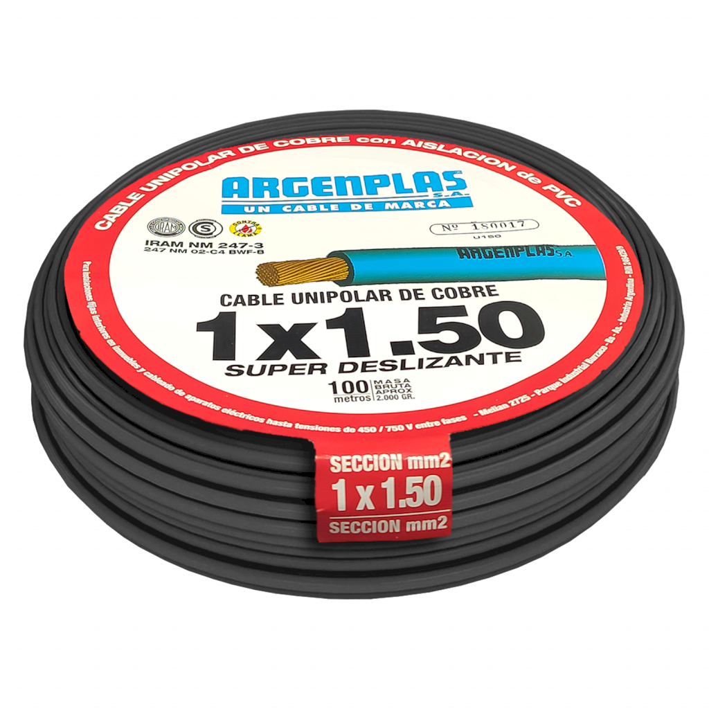 Cable Unipolar 1,50mm2 PVC Negro (x 100Mts) Argenplas