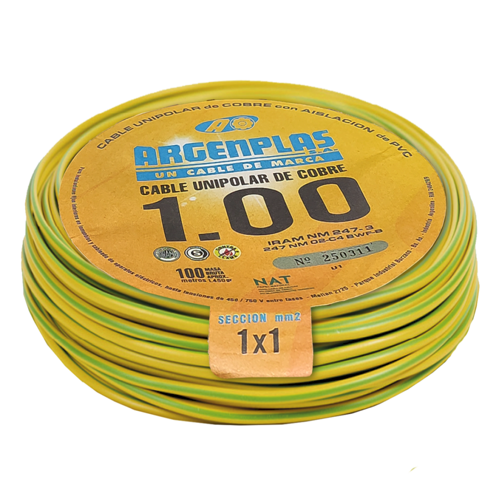 [27879] Cable Unipolar 1mm2 PVC Verde/Amarillo (x 100Mts) Argenplas