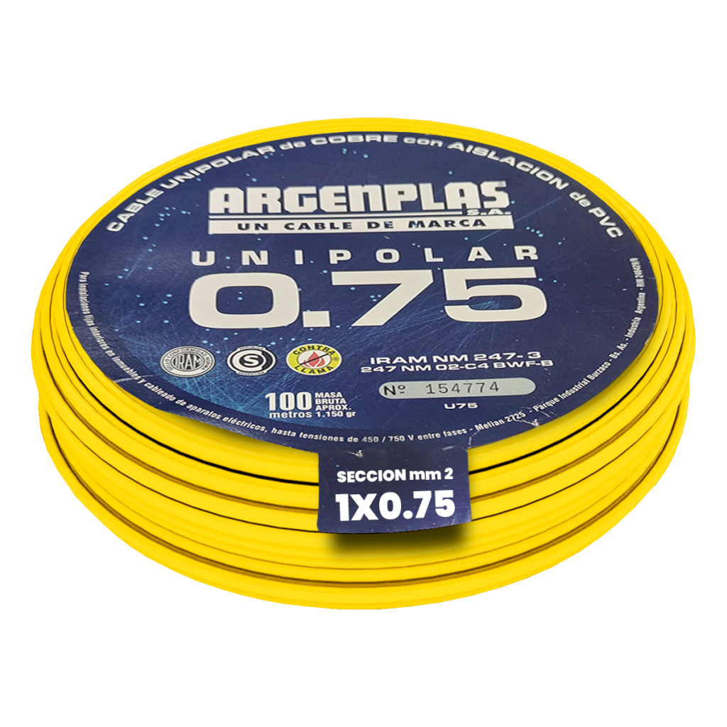 [30479] Cable Unipolar 0,75mm2 PVC Amarillo (x 100Mts) Argenplas