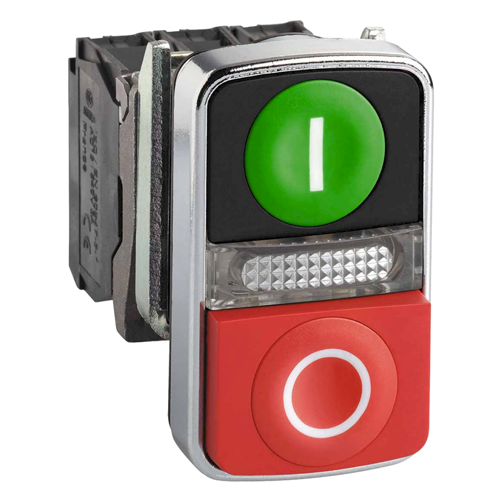 [21372] Pulsador Luminoso Doble Led XB4 Metálico 220VCA/VCC 220VCC Saliente 1NA + 1NC Verde/Rojo Schneider Electric