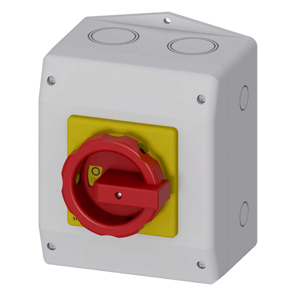 [4211] Interr. Mantenimiento 3P 63A 380VCA Maneta Giratoria En Caja Amarillo/Gris/Rojo Siemens