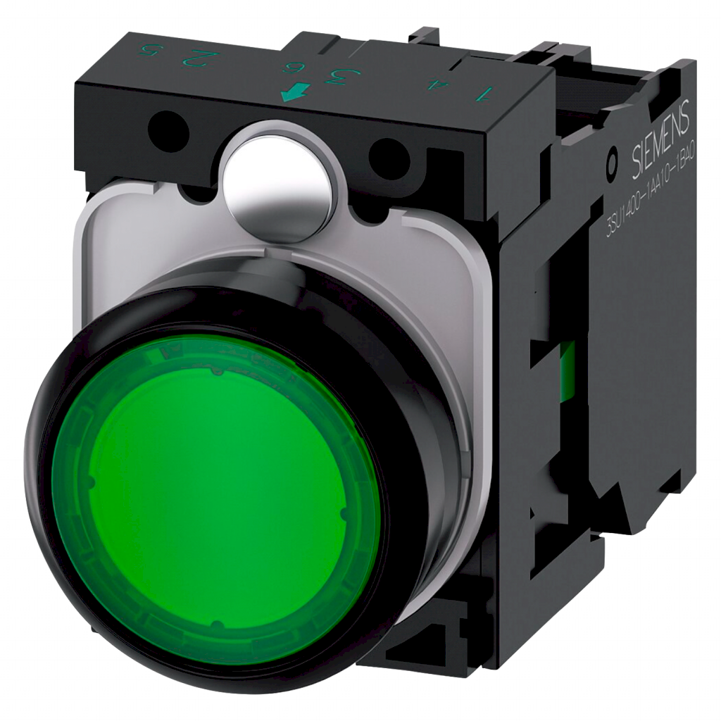 Pulsador Luminoso Plástico 220VCA/VCC-380VCC 220VCA Rasante 1NC Verde Siemens