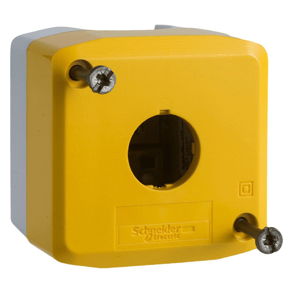 [29555] Caja Pie de Maquina Policarbonato Amarillo/Gris 1 Orificio Schneider Electric