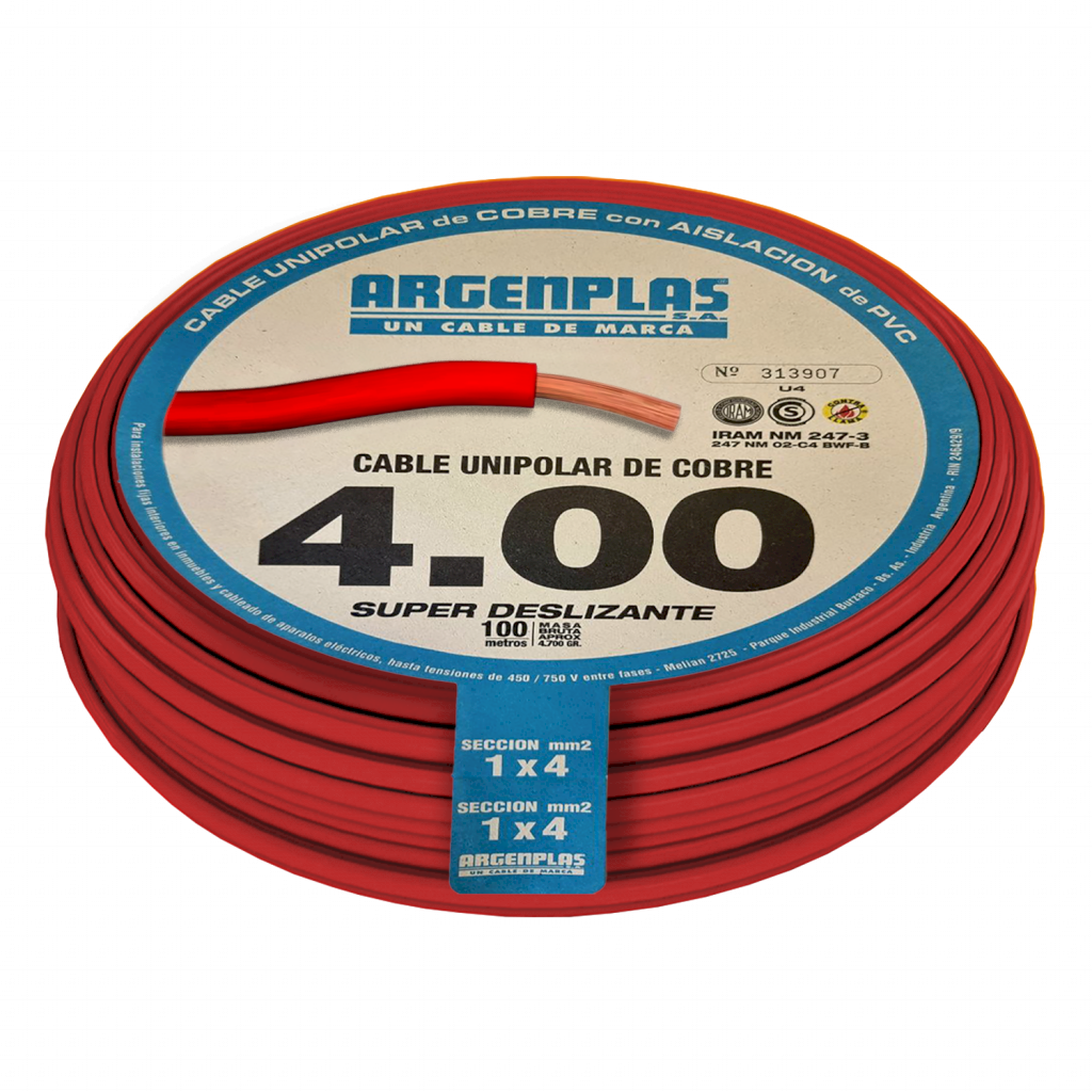 [37306] Cable Unipolar 4mm2 PVC Rojo (x 100Mts) Argenplas