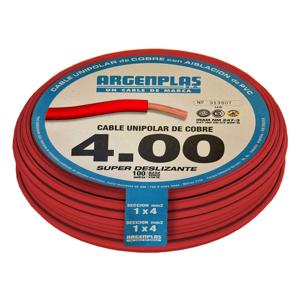 [37306] Cable Unipolar 4mm2 PVC Rojo (x 100Mts) Argenplas
