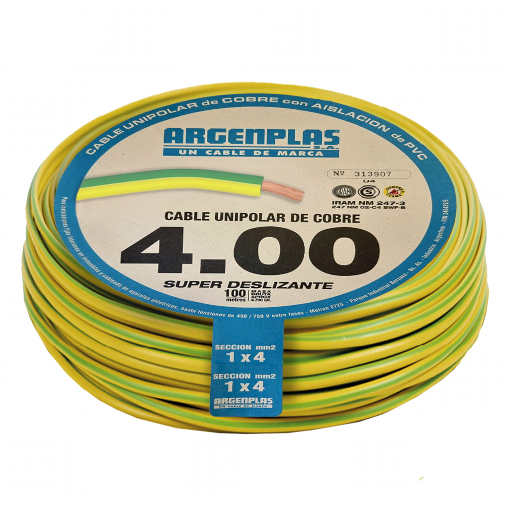 [37307] Cable Unipolar 4mm2 PVC Verde/Amarillo (x 100Mts) Argenplas