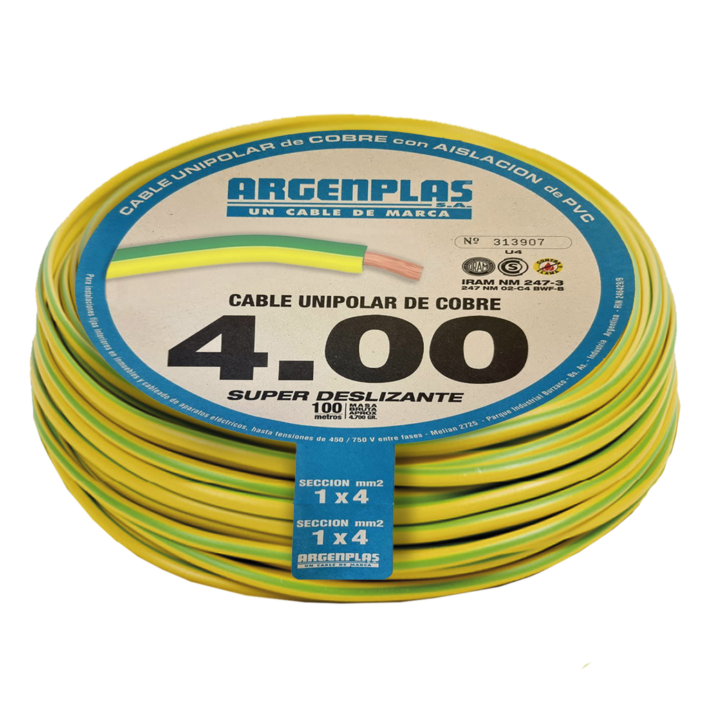 [37307] Cable Unipolar 4mm2 PVC Verde/Amarillo (x 100Mts) Argenplas